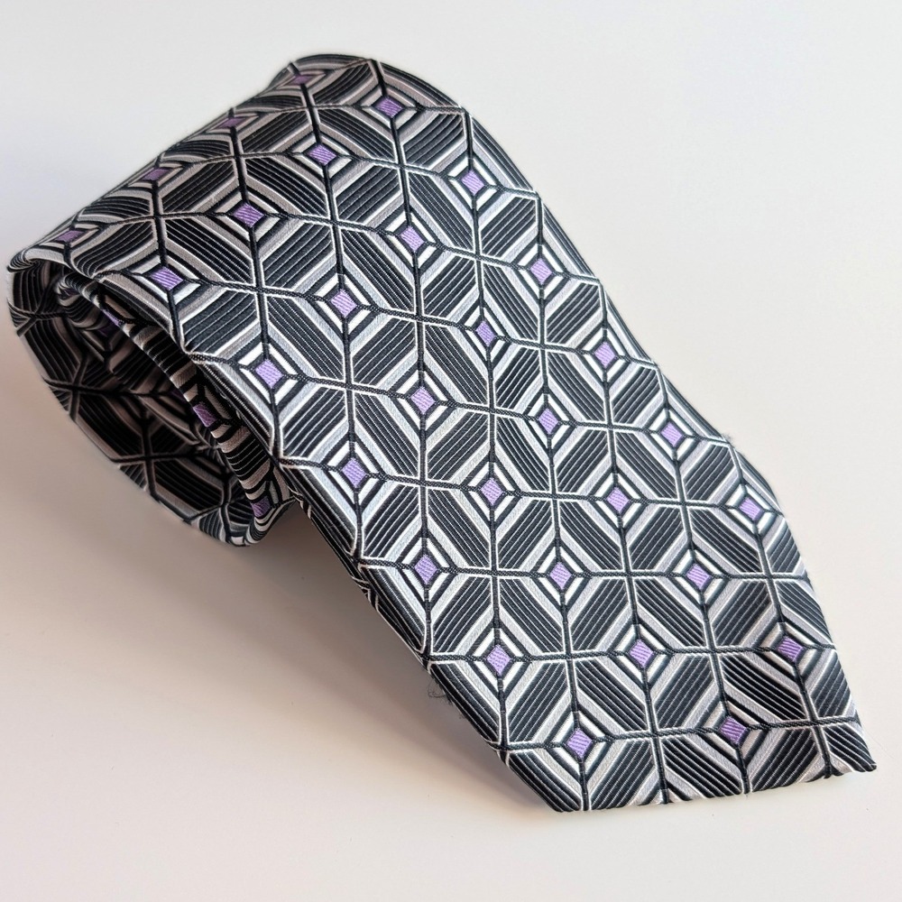 Insignia Martin Wong Mens Silk Tie Black Silver Purple Geometric Diamond *READ*